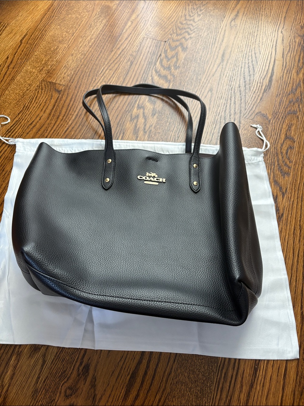 Coach Black Pebble Leather Shoulder Tote with Gold Logo